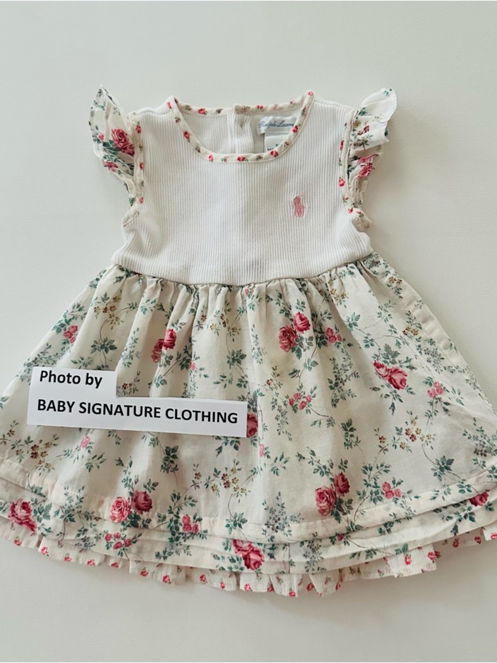 Ralph Lauren 9 Months Baby Girl Cream Floral Ruffle Dress Spring Summer